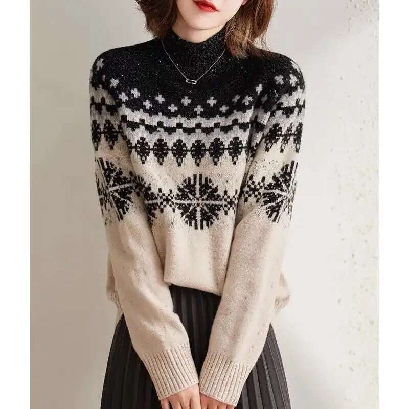 2024 Autumn Winter Women Snowflake Printed Warm Female Thick Half Turtleneck Sweater Knit All-Match Jumpers Tops F36