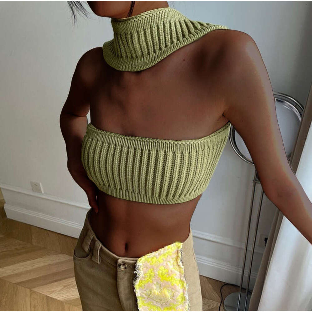 popular European American women's sexy vacation hanging neck, rabbit veet knitted sweater, strapless vest top, 2025 new style, chic and elegant c