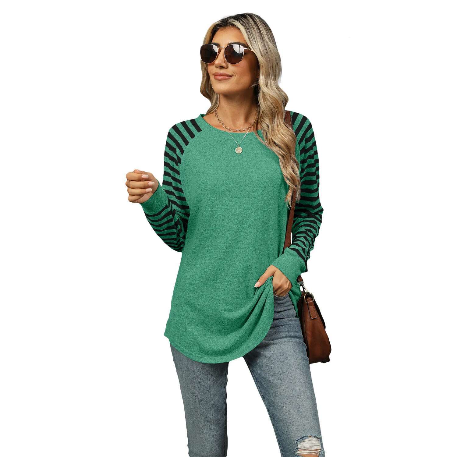 New Color Blocking Striped Designer T-shirt Round Neck Long Sleeved Women's T-shirt Top
