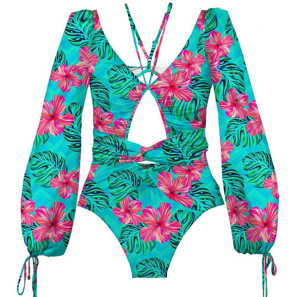 One Piece Swimsuit 2024 Long Sleeve Swimwear Women Bandage Print Monokini Sexy Black Bathing Suit String Backless Beachwear