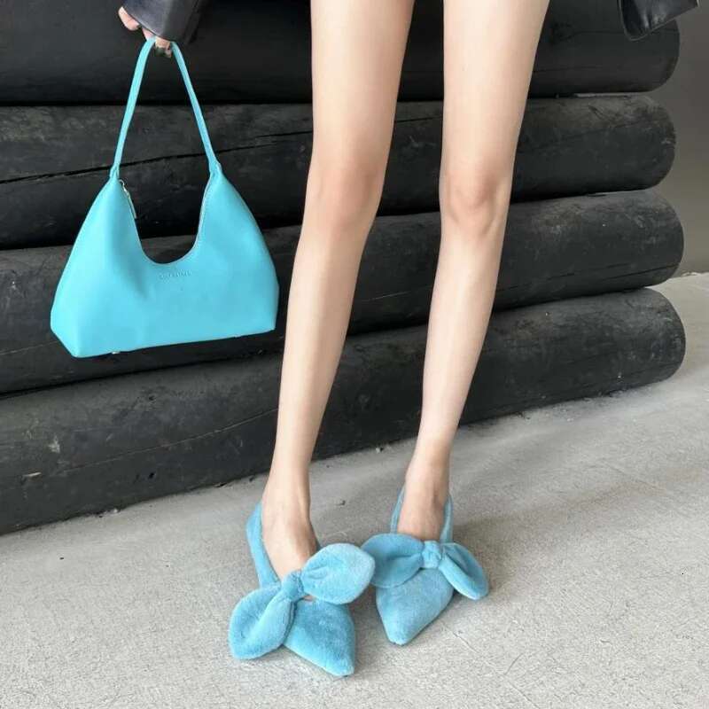Street Style Fluffy High Heels Sexy Pointed Toe Butterfly-Knot Fashion Autumn Winter Low Heel Mules Pumps Female
