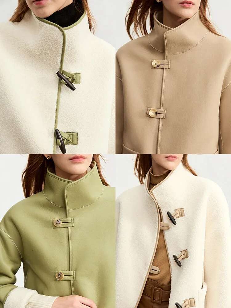 AMII Women's Chinese Style Fur Jacket 2023 Winter Fashion PU Leather Stand Collar Contrast Double Sided Outerwear Tops 12344213