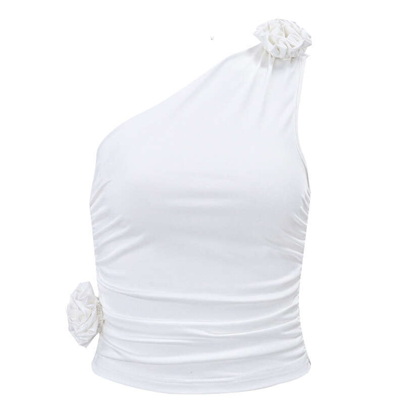Europe and America 2025 Spring Product Sexy Spicy Girl Slant Shoulder Wrinkle Drawstring Waist Slimming Tank Top with Versatile Style New Trendy Cloth