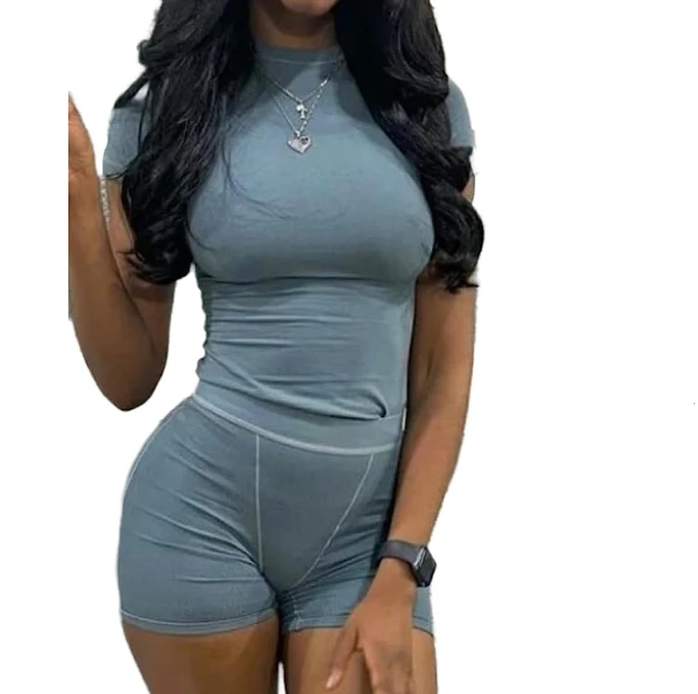 Casual Workout Two Piece Outfits for Women Fitted Crew Neck T-shirt High Waist pants Matching Sets Streetwear 250113