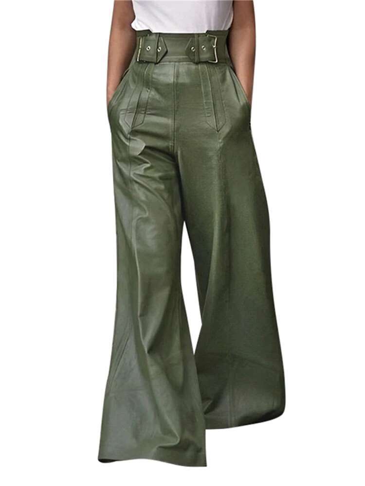 Street Leather Women Trousers High Waist With Belt Flared Or-Length PU Female Long Pants 2024 Autumn Fashion Y2k Lady Pant