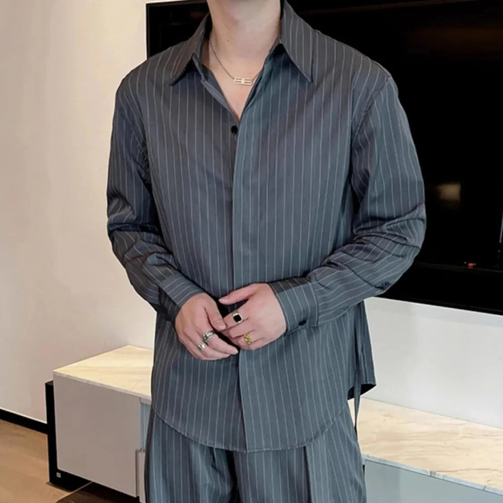 Mens Suit Vertical Stripes Long Sleeved Shirt Waist Belt Vintage Style Autumn Trend Fitting Straight Leg Pants Two-Piece Set 250109