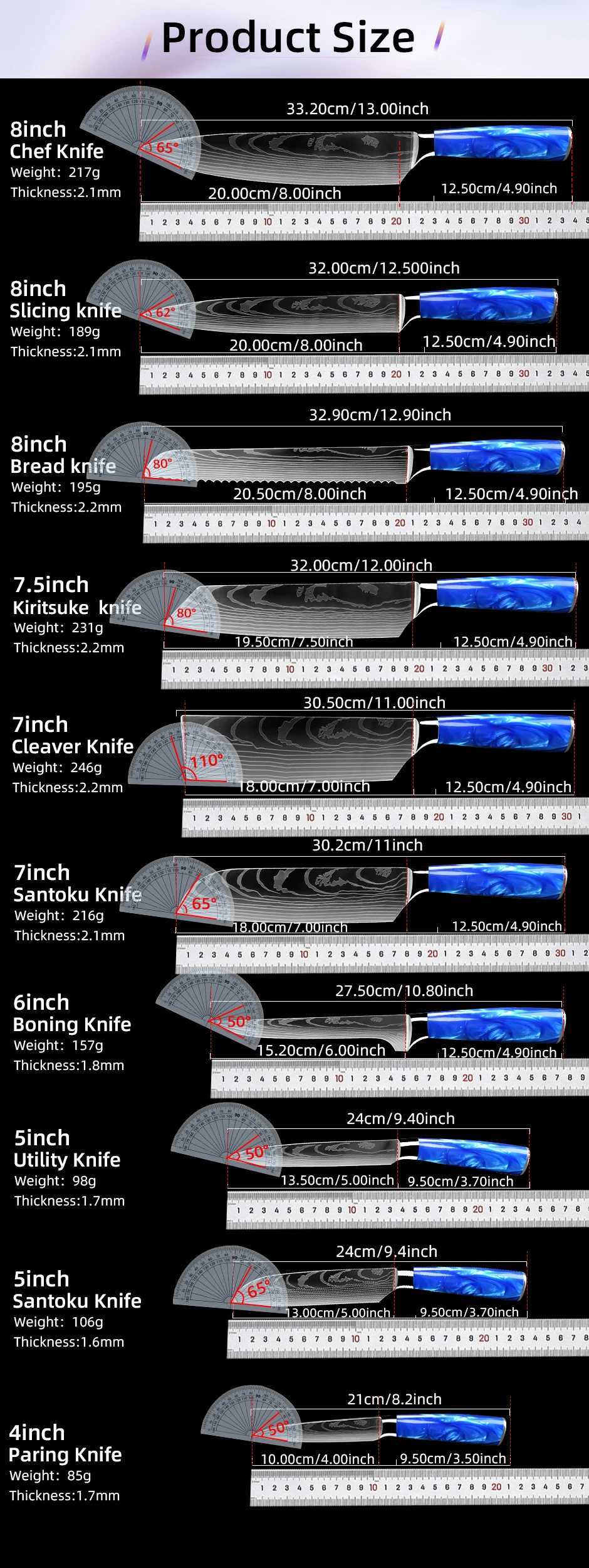 Kitchen Knives Set Chef Japanese Santoku Cleaver Slicer Utility Knife Blue Resin Handle Damascus Pattern 7CR17 440C SteelXJ250117