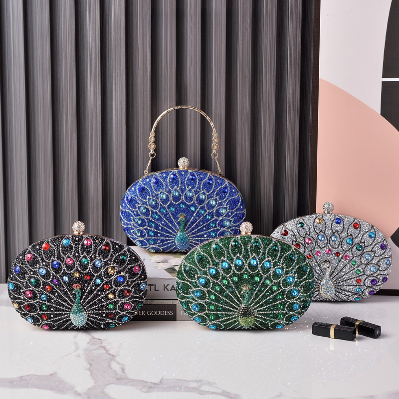 New peacock diamond-encrusted evening bag retro party bag black high-end dress bag