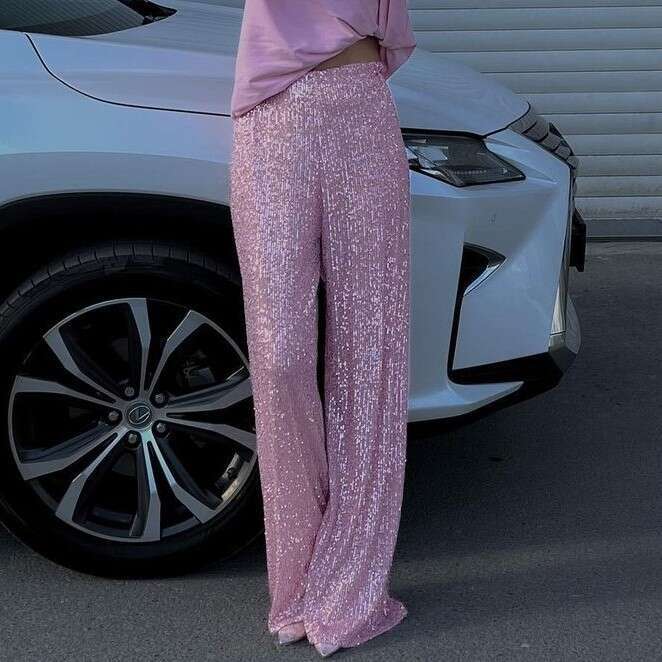 European and American women's hot selg solid color sequins fashionable casual straight leg pants 2025 temperament versatile new trend clothing in