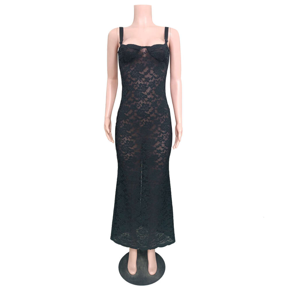 European and American Summer Women's One Piece Collar Sexy Perspective Lace Slimming Dress 2025 New Casual Versatile Fashion Clothing