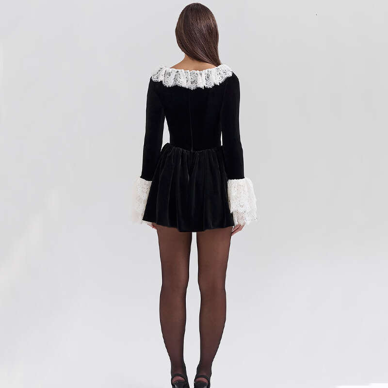 European American style 2025 autumn product fashionable sexy temperament French court lace veet long sleeved dress new casual and versatile fashion cl