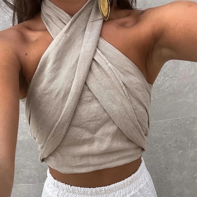 TRAF Linen Halter Top Summer Tops For Women Crop Backless Sleeveless Sexy Top Females Elegant Fashion Top Trend 250115