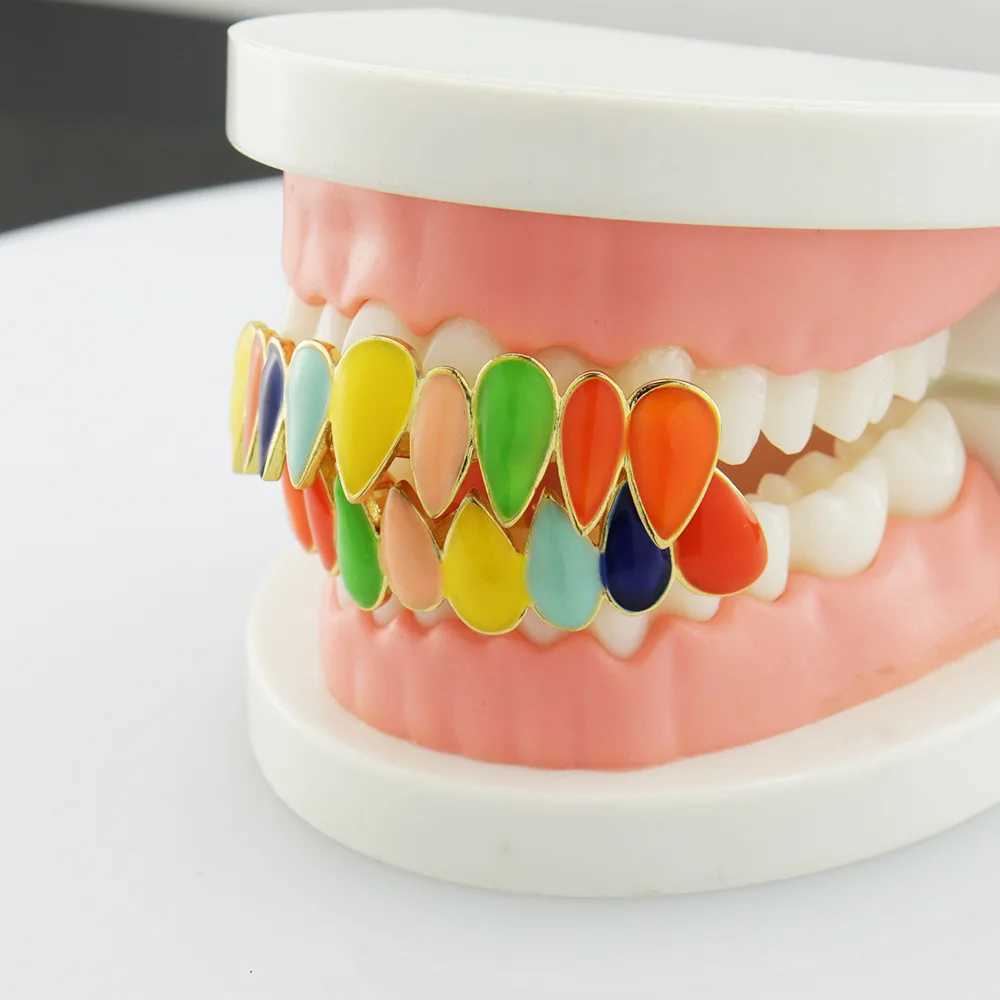 Hip Hop Multi Color Drip Oil CZ Pointy Shape Teeth Grillz Caps Top Bottom Charm Grills For Men Women Jewelry GiftXJ250114