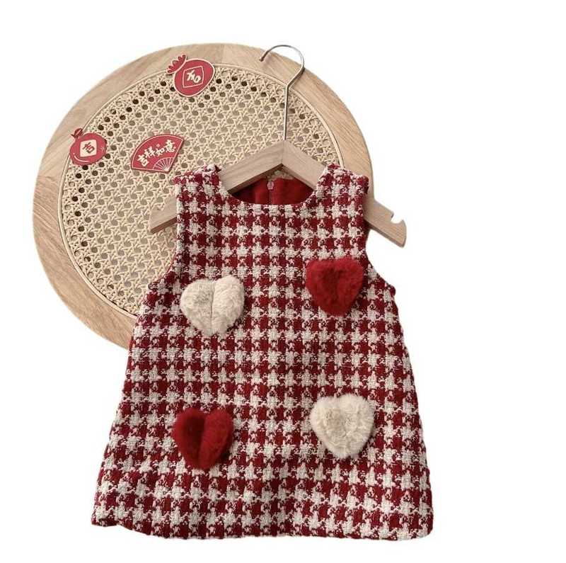 Girl's Dresses Girls' Velvet Vest Skirt Winter A-class Baby Thick Checkered Love Dress Children's Skirt