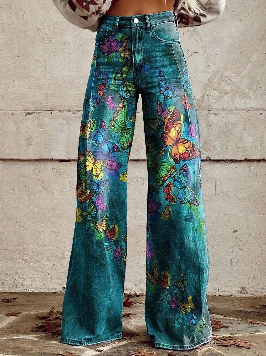 Fashion Button-Zip Women's Elegant High Waisted Bell Bottom Pant Vintage Ral Printed Versatile Casual Fly Pants