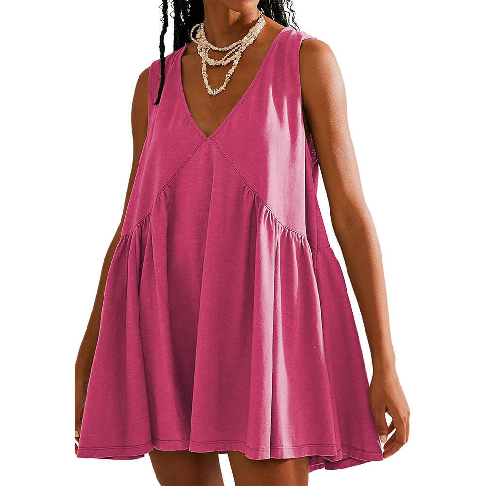 2025 Summer European and American Popular Folding Pocket V-neck Dress Women's New Casual Versatile Fashion Clothing