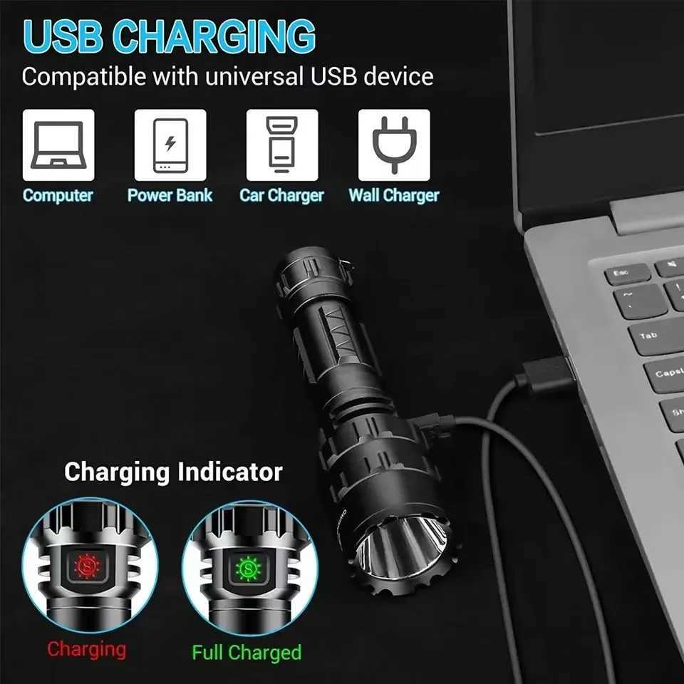 LED Tactical Hunting Torch Flashlight L2 8650 Aluminum Waterproof Outdoor Lighting with Gun Mount +Switch USB Rechargeable LampW241227