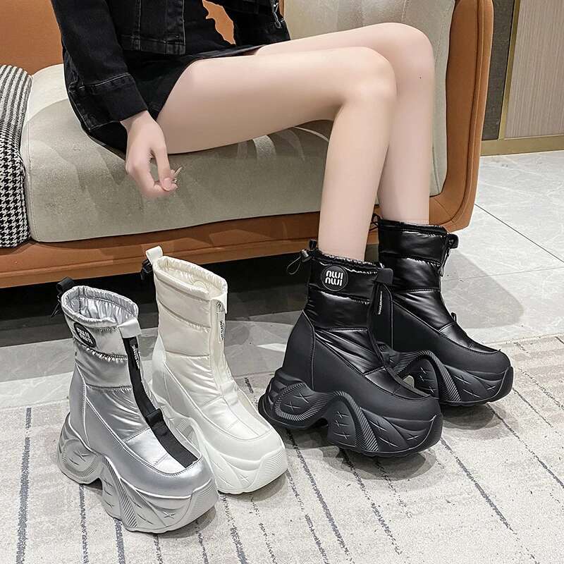 Winter Women's Fur Snow Keep Warm Chunky Short Boots Outdoor Plush Mid-Calf Shoes 10Cm Platform Anti-Skid Leather Sneakers