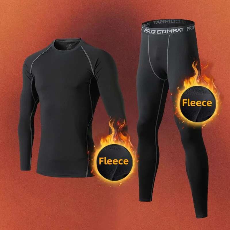 Clothing Winter Warm Undershirts Plush Thermal Underwear Elastic Compression Tights Fiess Men's Track Suit Set