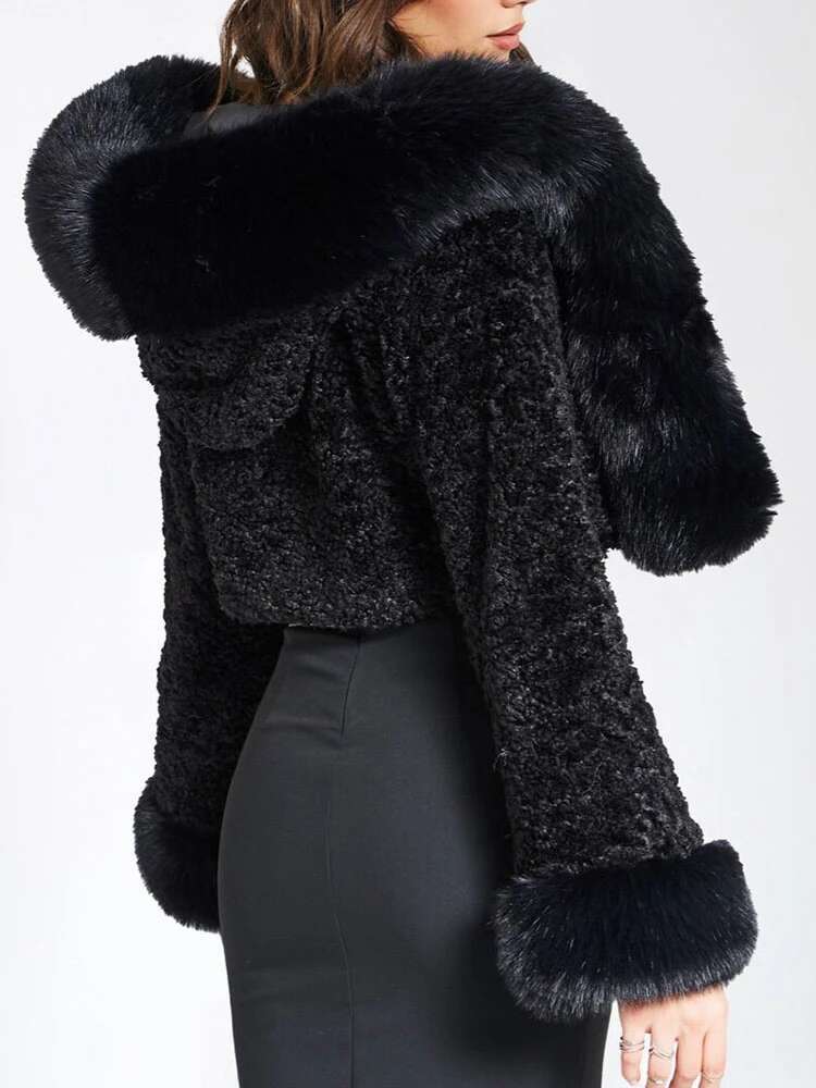 DEAT Fashion Black Faux Fur Coat Women's Hooded Loose Long Sleeve White Thick Warm Short Plush Jacket Winter 2024 New 7Ab6510