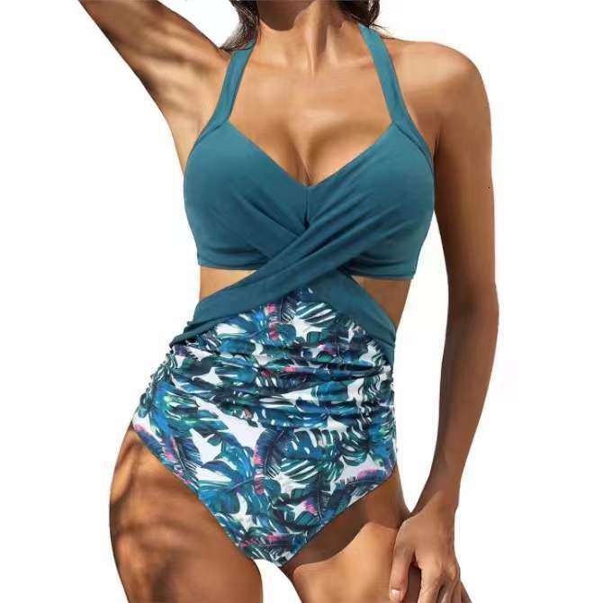 fashion tracksuit sexy leopard print cross tie pleated women's bikini designer swimsuit