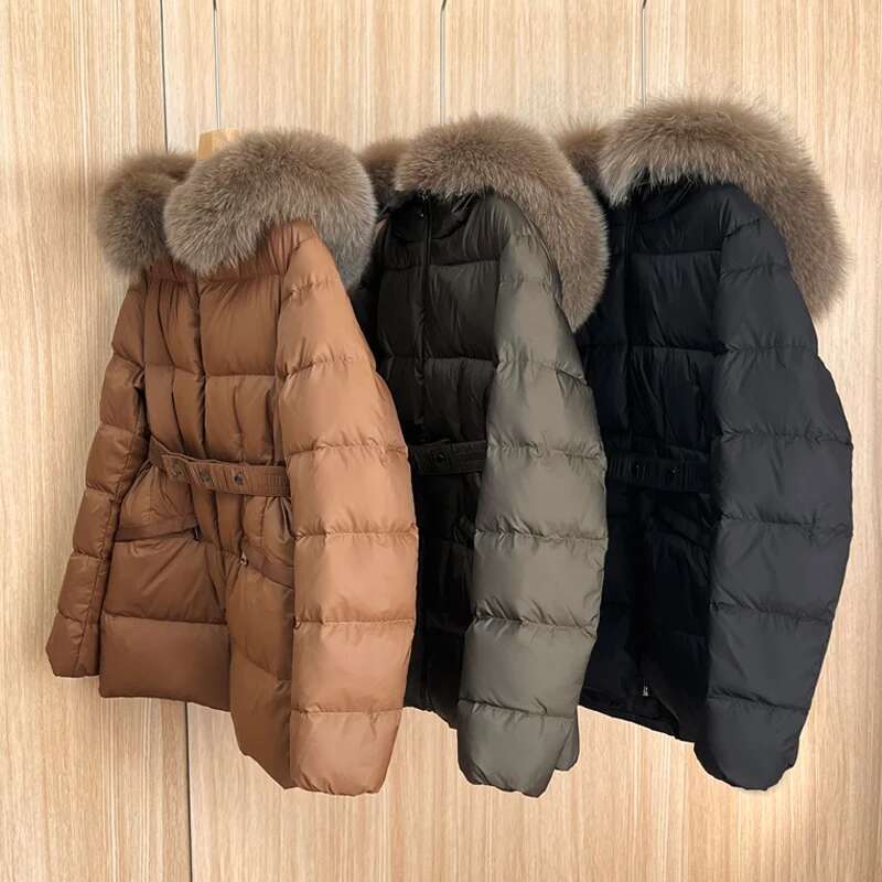 Janveny 2024 New Winter Hooded Short Large Fox Fur Feather Neck Duck Down Coat Women Waist Slim Fit Puffer Lightweight Jackets