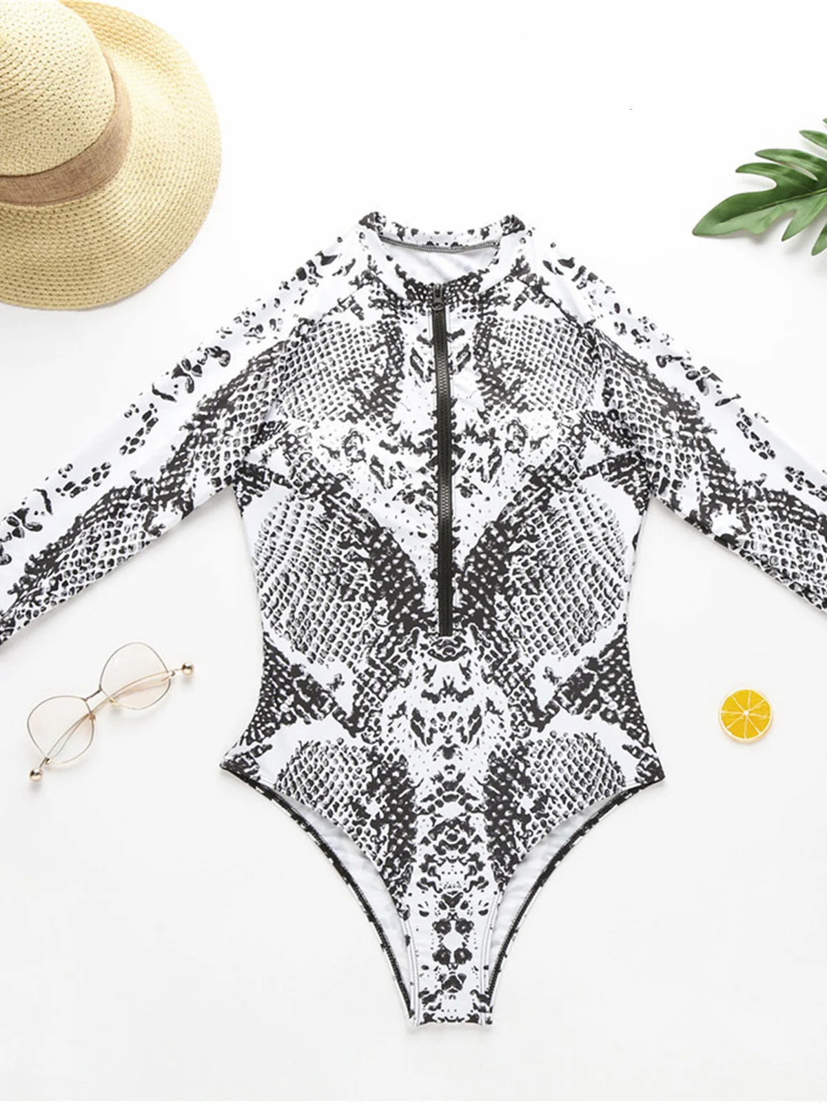 Sexy Zipper Rash Guard One Piece Swimsuit Women Swimwear Female Snake Skin Printed Long Sleeve Bather Bathing Suit V2108L 250106