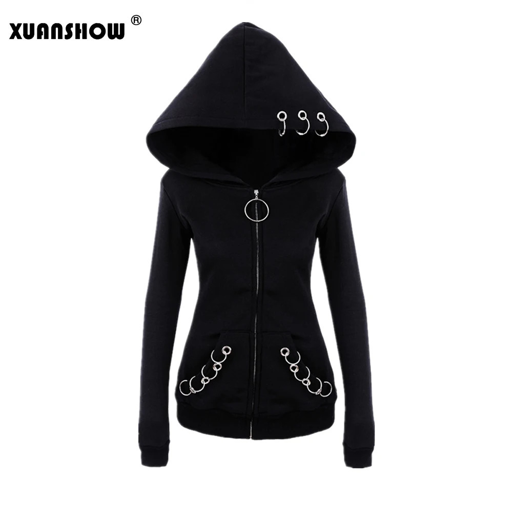 XUANSHOW Women Hoodies Gothic Punk Iron Ring Sweatshirts Autumn Winter Long Sleeve Zipup Black Jacket Zipper Ladies Coat 250114