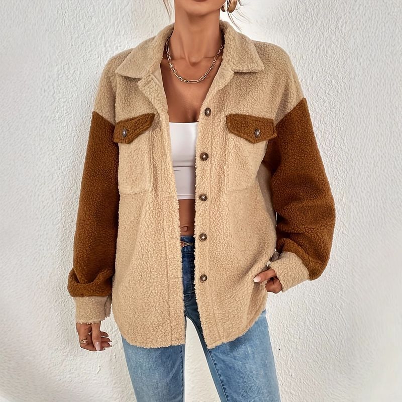 Women's Clothing Autumn And Winter Lamb Wool Coat Camel Contrast Color Style Fashionable Loose
