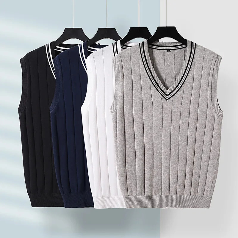 Winter Men Knit Vest Casual Knitted Sweater Cotton Waistcoat vNeck Knitwear Mens Slim Fit Striped Man Clothing 250114