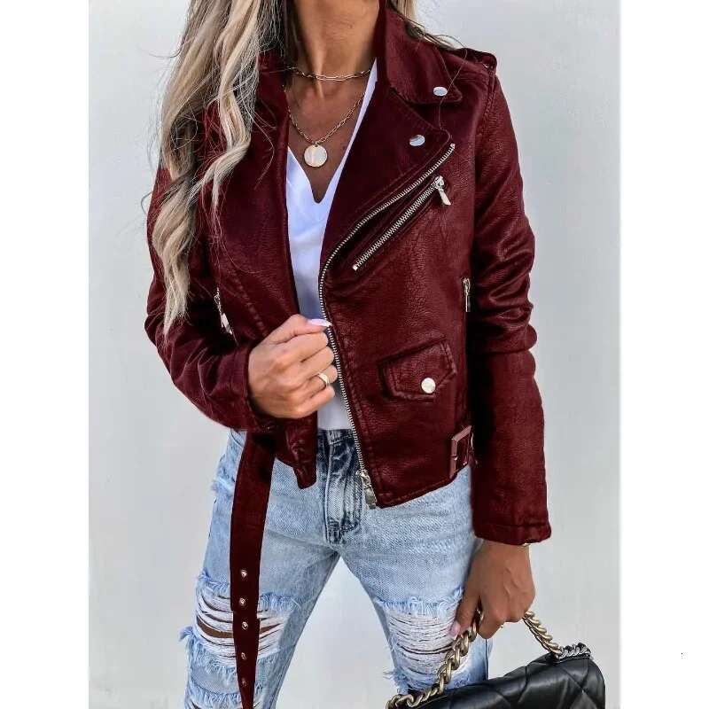 Mandylandy Locomotive Jackets Women Long Sleeve Zipper Fashion Jacket PU Leather Coat Motorcycle Short Coats Outwear
