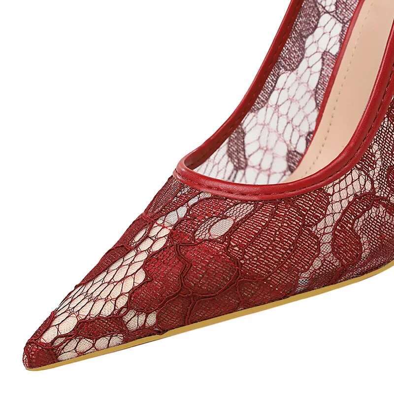 Summer Women Sexy 9.5Cm High Heels Mesh Sandals Bury Pumps Lady Lace Breathable Scarpins Office Party Stripper Fetish Shoes