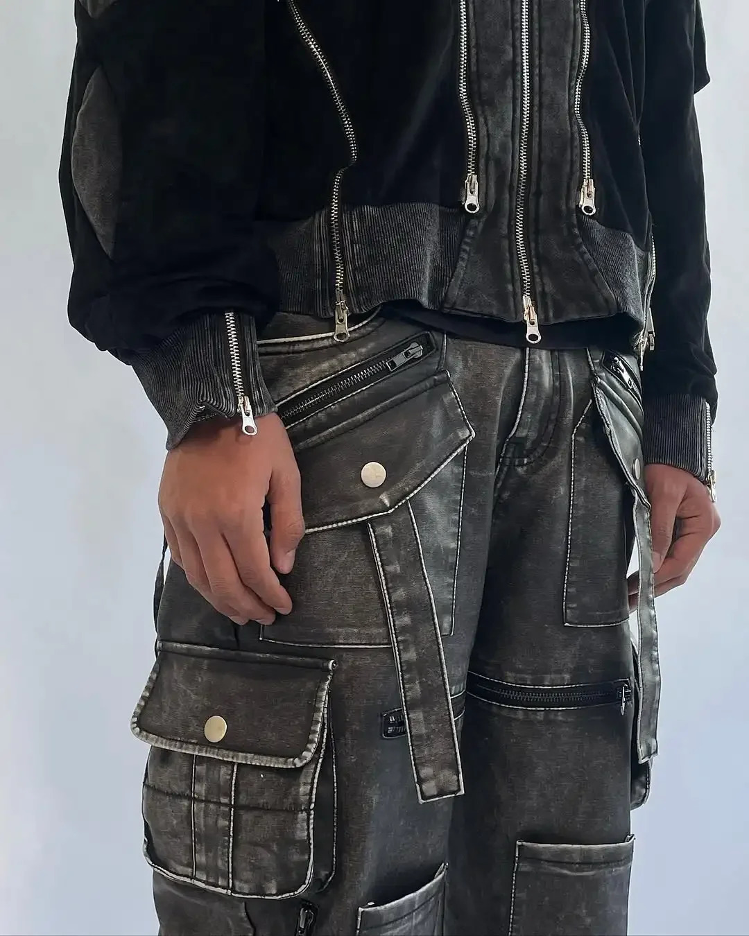 Trendy Retro Multi-pocket Heavy-duty Baggy Jeans Men Women Gothic Hip-hop Distressed Washed Jeans Y2K Harajuku Wide-leg Pants 250109