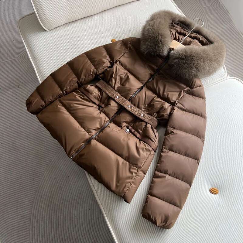 Janveny 2024 New Winter Hooded Short Large Fox Fur Feather Neck Duck Down Coat Women Waist Slim Fit Puffer Lightweight Jackets