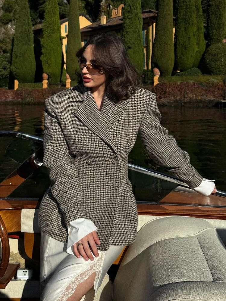 Women Elegant Plaid Print Lapel Slim Fit Wrap Coats Fashion Single Breasted Chic Suit Jacket Lady Charming Daily Streetwear 2024