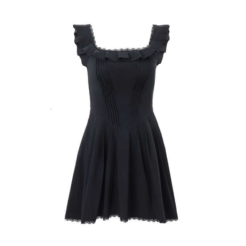 Ins European and American Summer French Style Square Collar Mushroom Edge Fishbone Bundle Dress Women's New Casual Fashion Trendy Clothing