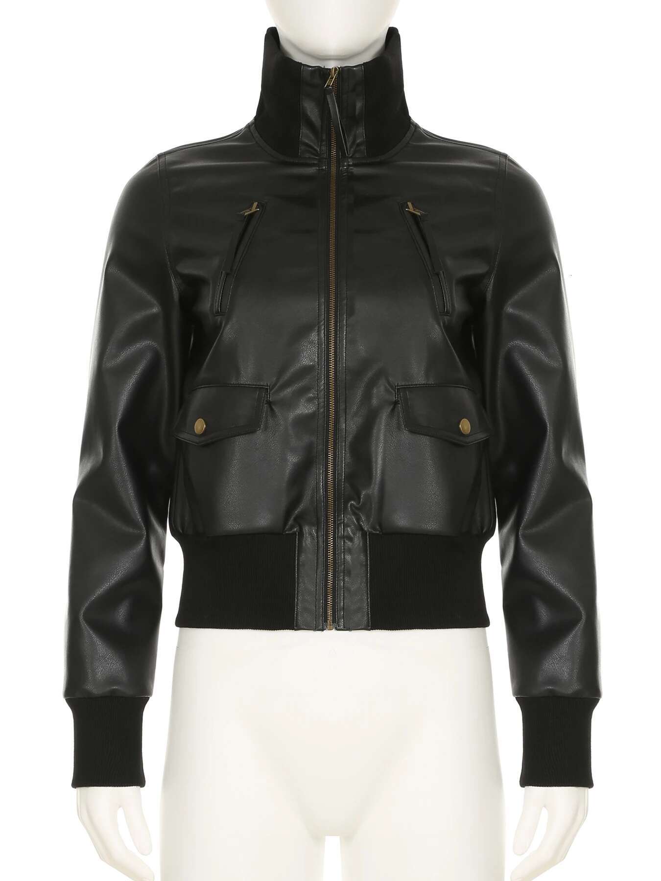 IAMSURE Locomotive Style Solid Pu Leather Jackets Casual Stand Collar Zipper Long Sleeve Coats Women 2024 Autumn Winter Ladies