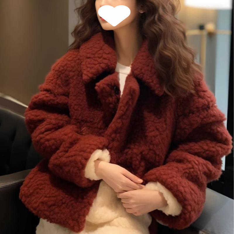 Red Lamb Fur Short Coat for Women in Winter New Fur Integrated Plush Cotton Jacket Women Jackets Coat Woman Fur 241209
