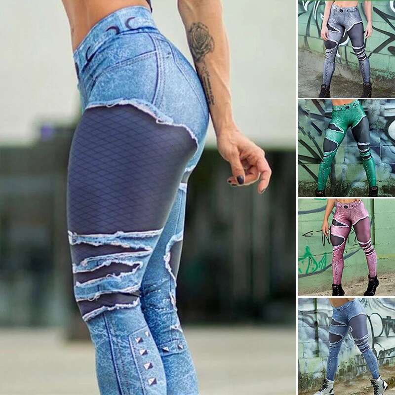 Ddmyoutdoor China Domestic High Waist Denim Yoga Leggings Push Up Jeans Sports Pants Gym Tights Running Tummy Control Workout Pencil Trousers Sportswe