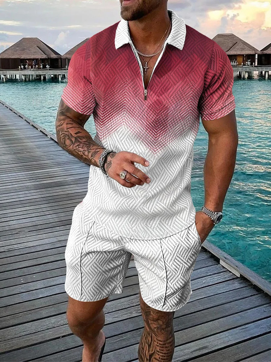 Summer Mens Tracksuit Cotton Solid Color Short Sleeve Zipper Polo Shirt Shorts Set for Men Casual Streetwear 2-piece Suit 250113