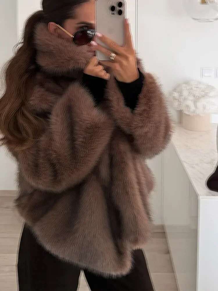Retro Plush Bury Bomber Jacket Solid Crop Long Sleeve Outerwears Brown Oversized Lapel Faux Fur Women Woman Casual Coat