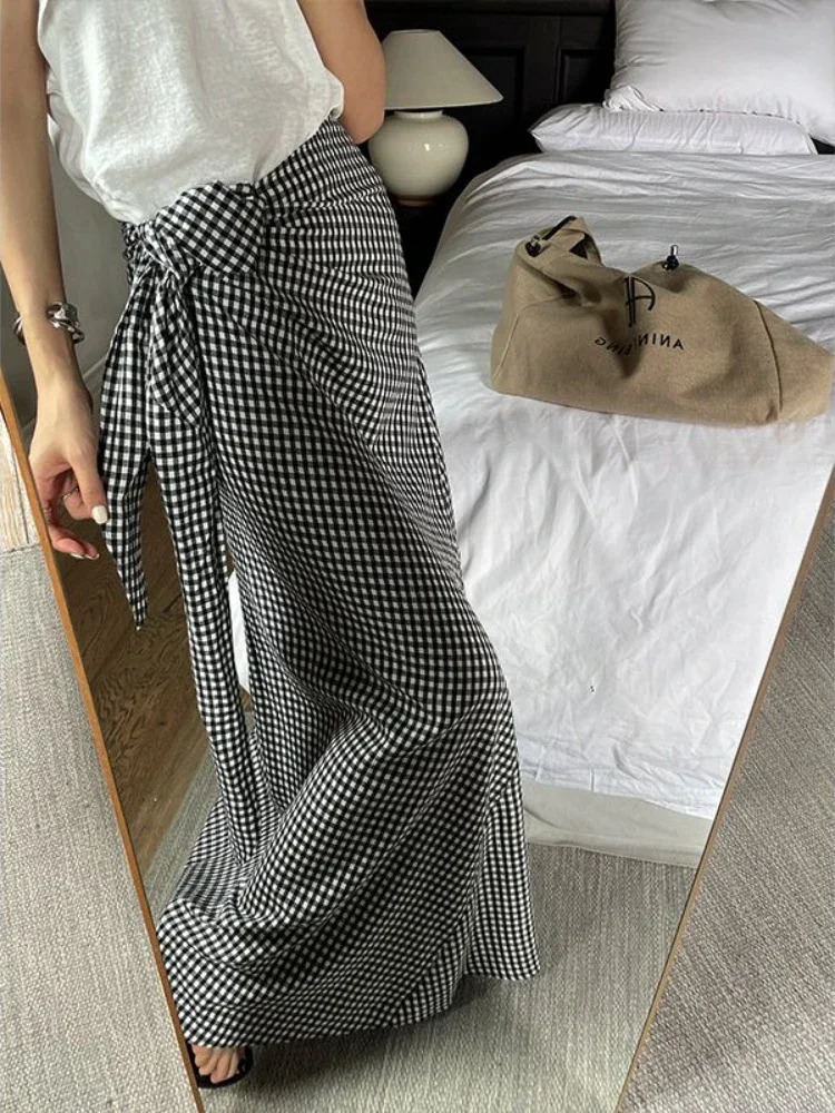 Korean Bowknot Laceup Aline Skirt for Women Summer Black White Plaid Female Elegant Womens Long High Waist 250108