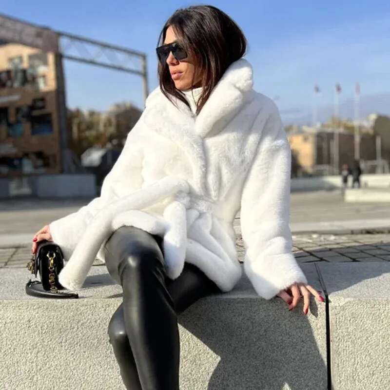 2024 Imitation Rabbit Lapel Neck Fur Jacket Thickened Thermal Belt Coat Women's Solid Color New