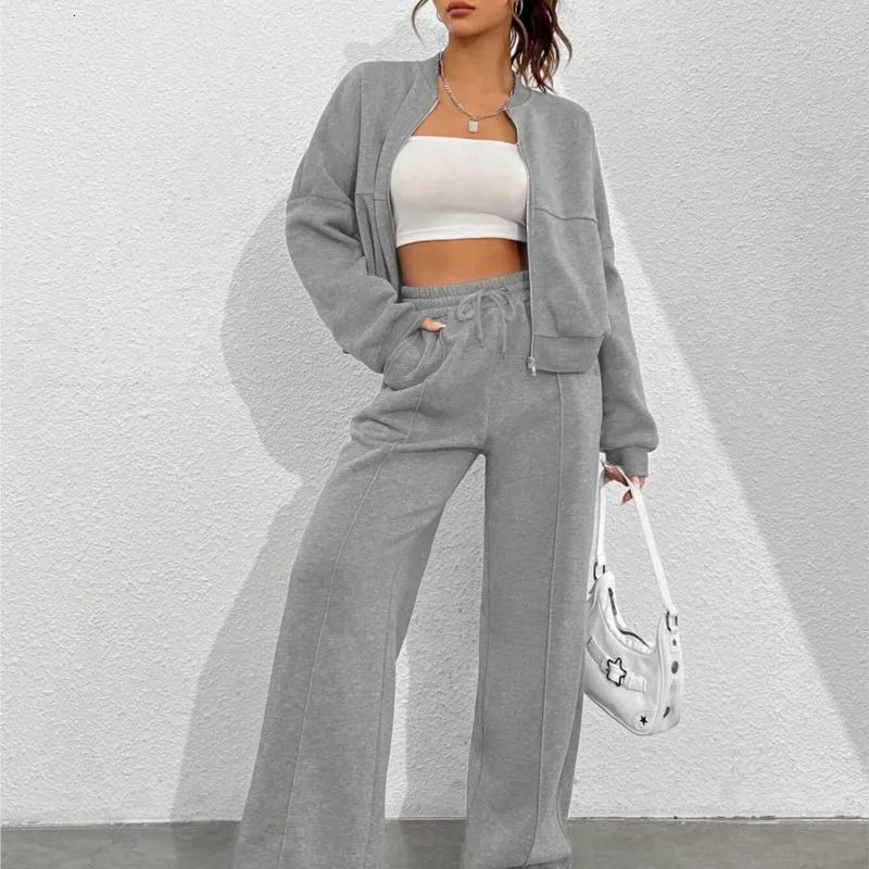 Grey Bomber Jacket Pant Women 2 Pieces Set Casual Long Sleeve Zipper Coat Casual Solid Sweatshirt Trousers Suit Fall Sportwear 250113