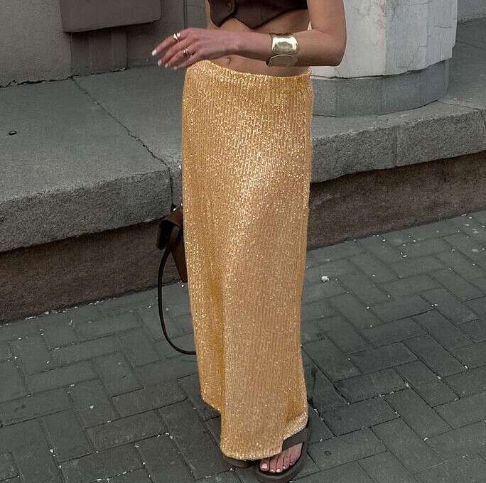 women's hot selg solid color sequin back slit fashionable casual skirt 2025 new style chic and elegant clothing