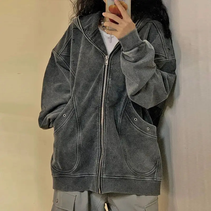 High Street Y2k Jackets Hooded Pockets Zipper Solid Color Long Sleeve Coats Harajuku Vintage Autumn Casual Loose Women Clothing 250113