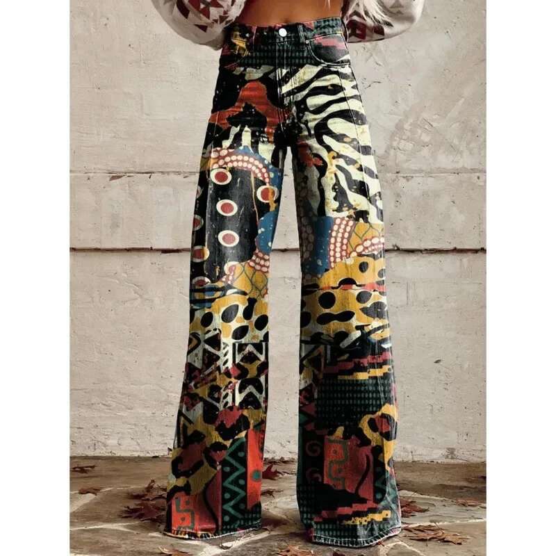 Fashion Button-Zip Women's Elegant High Waisted Bell Bottom Pant Vintage Ral Printed Versatile Casual Fly Pants