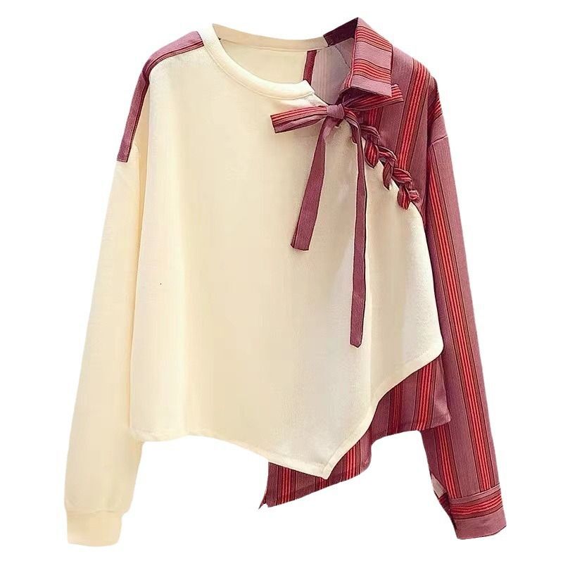 Women's Clothing Striped Splicing Sweatshirt Two-Piece Shirt Irregular Long Sleeve Casual