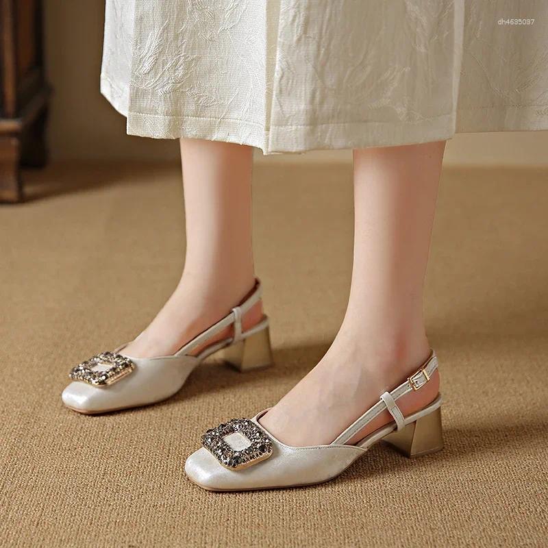 Sandals Lady Sexy Dress Shoes 4cm Mary Jane Snow Crystal Square Toe Pumps In Yellow Beige Black Strange Heeled Back Buckle Strap