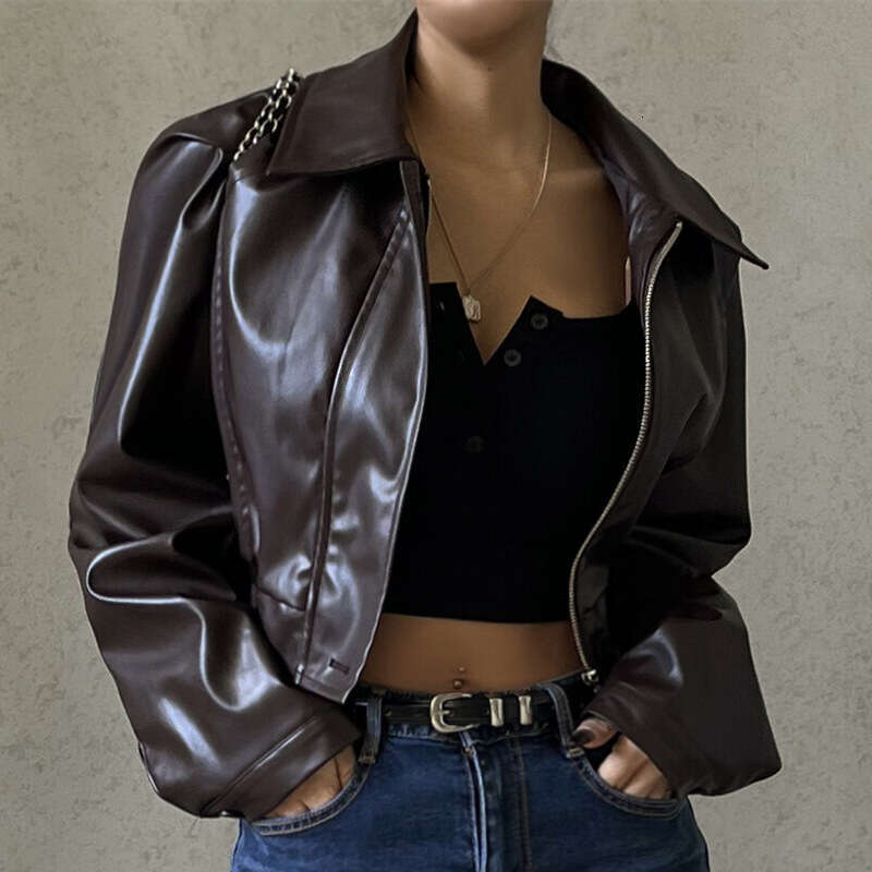 European and women's autumn retro temperament lapel zipper PU leather American jacket 2025 new item casual versatile fashion clothing